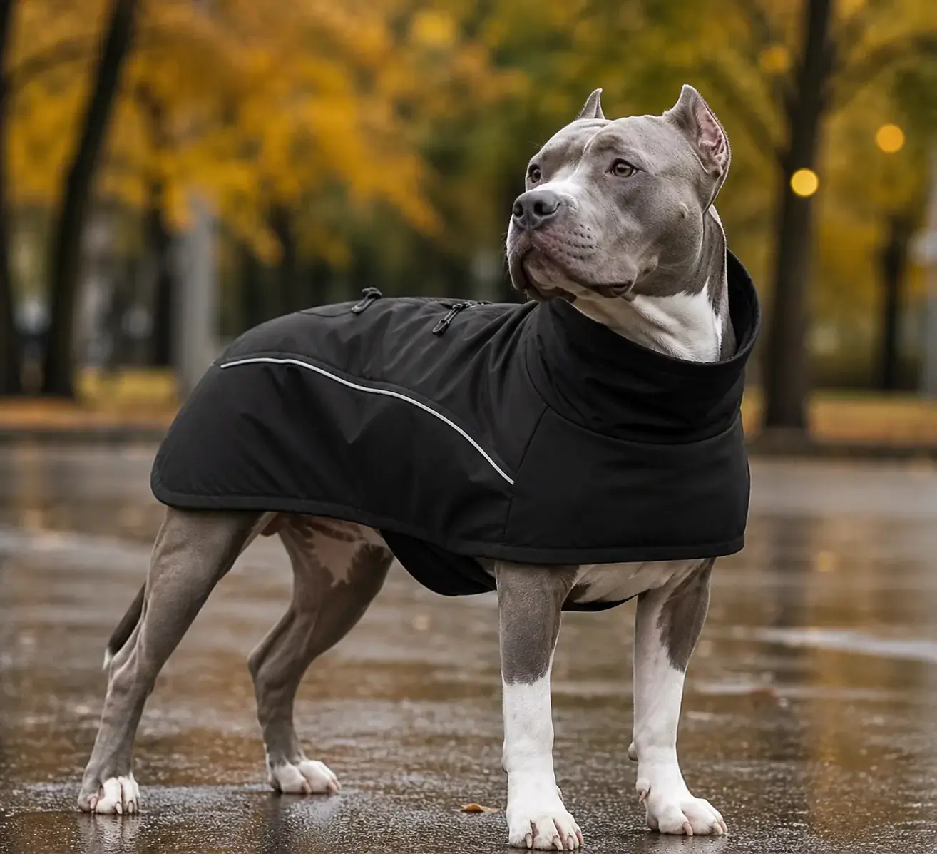 Perro con abrigo negro técnico en exterior durante temporada otoñal